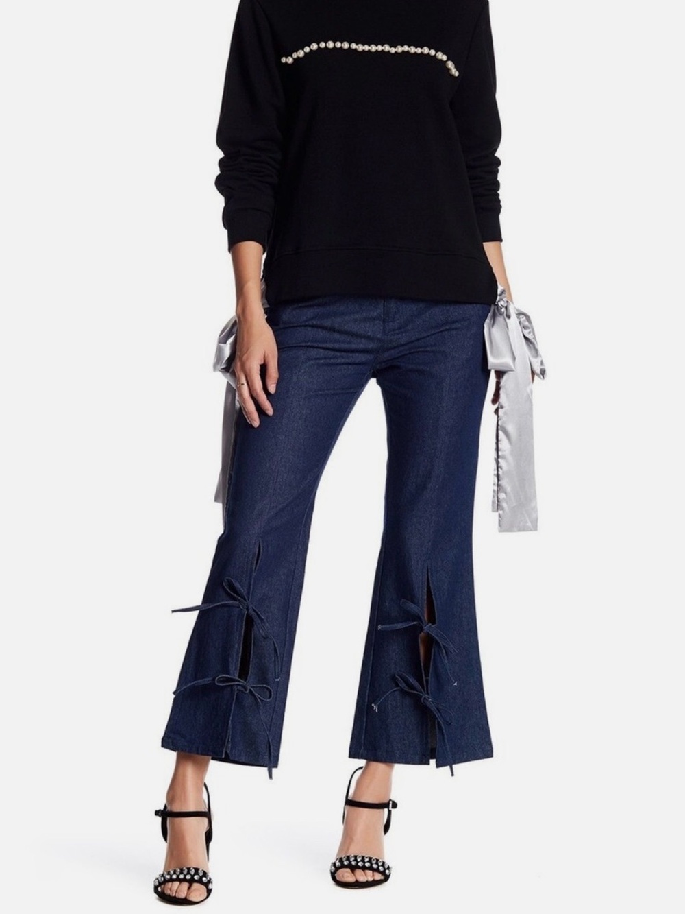 TOV Dark Blue Tie-Slit Crop Jeans